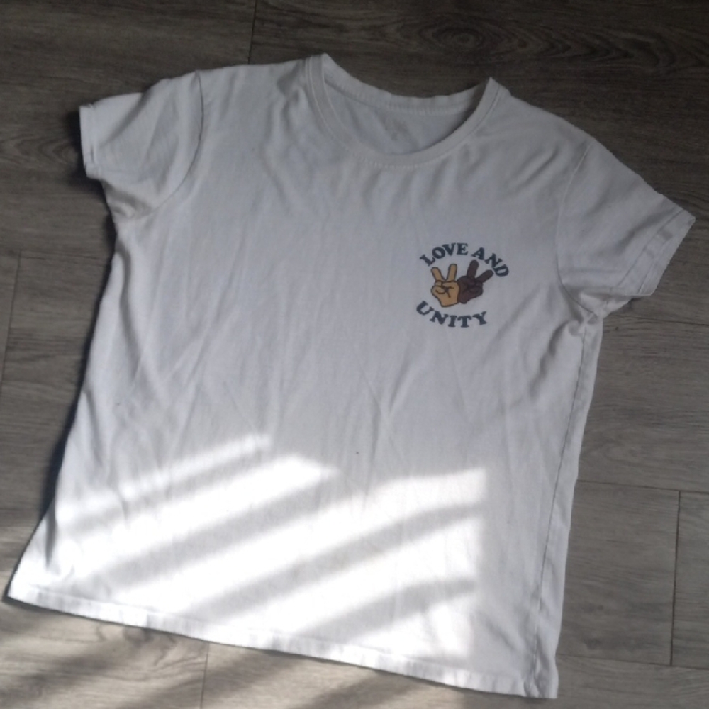White T-Shirt with Love and Unity Graphic